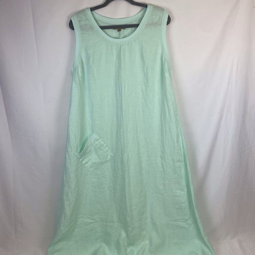 FLAX Linen Tank Dress Green Sleeveless Maxi Lagenlook Unlined Pocketed Size L
